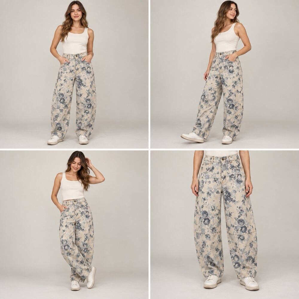 NWT Peach Love California Floral Barrel Pants Womens M Cream Blue Denim Boho
